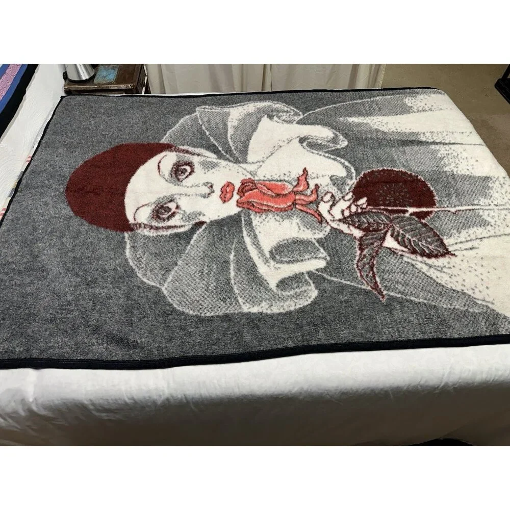 Vintage Acrylic Harlequin Sad Clown Rose Pierrot Throw Blanket Red Black 55x82”